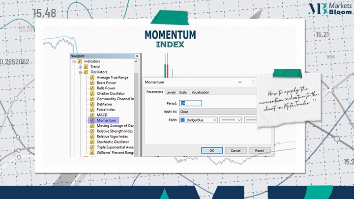 من أجل إضافة مؤشر المومينتيوم إلى مخطط الأسعار الخاص بك ابحث عن "Momentum " ضمن علامة التبويب Oscillator Indicators في Navigator of MT5 