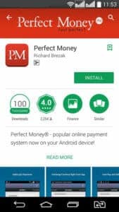 صورة تظهر تطبيق Perfect Money للهواتف الذكية